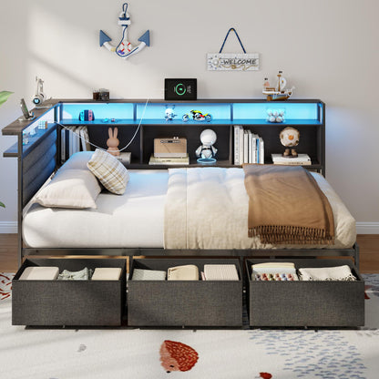 Satifur L-Shaped Corner Bed Frame with 3 Storage Drawers, 3 Cubbies & Double-Layer Shelf, LED Lights & Power Outlet, Corner Twin Beds for Living Room, Bedroom and Guest, Black