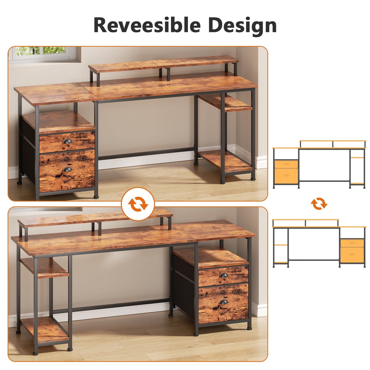 Satifur Computer Desk with Drawers & Monitor Stand, Office Desk for Dual Monitors, Adjustable Shelves, Rustic Brown