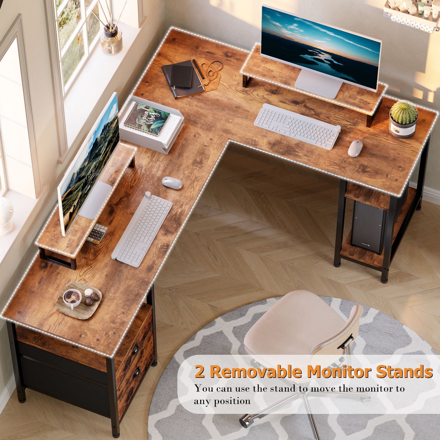 Furologee Computer Desk, Adult Collection L-Shaped MultiFuntional Rustic Desk, Rustic Brown