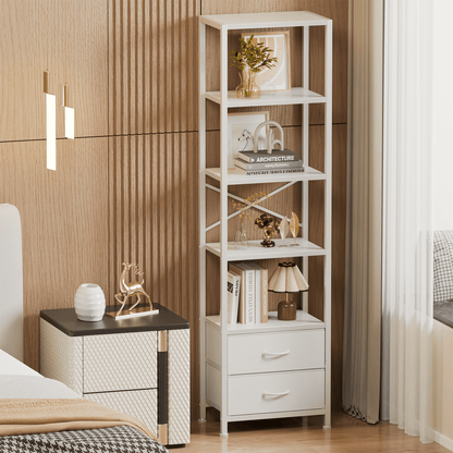 Satifur 5-Tier Bookshelf and Bookcase with 2 Removable Drawers, Narrow Display Shelf for Living Room, White