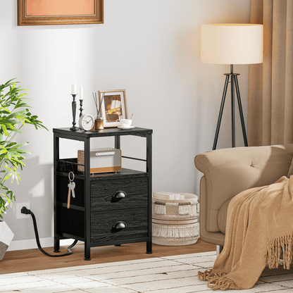 Satifur Nightstand with Charging Station, Set of 2 Bedside End Table with Fabric Drawers,Outlets & USB Ports,Black Oak