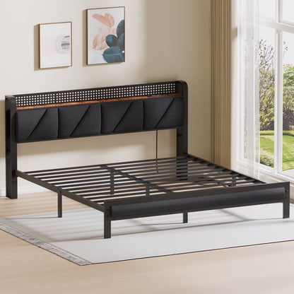 Hexmn King Size Metal Smart Bed Frame with Upholstered Headboard, LED Lights, USB Ports and Outlets, Storage Shelves & Underbed