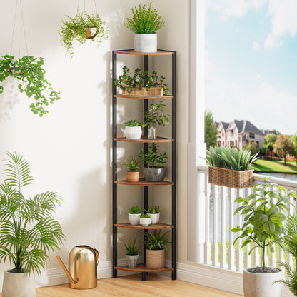 Satifur Corner Shelf Bookcase with LED Light Strip, 6-Tier Corner Bookshelf for Living Room,Bedroom,Kitchen,Rustic Brown