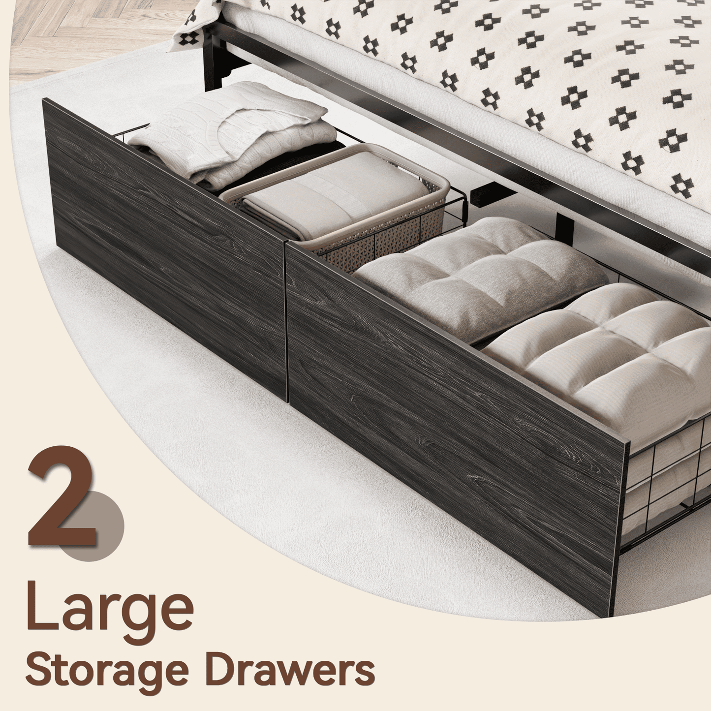 Satifur Queen Bed Frame with 2 Drawers & Headboard Storage Shelf, Noise Free, Black