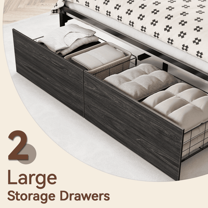 Satifur Queen Bed Frame with 2 Drawers & Headboard Storage Shelf, Noise Free, Black