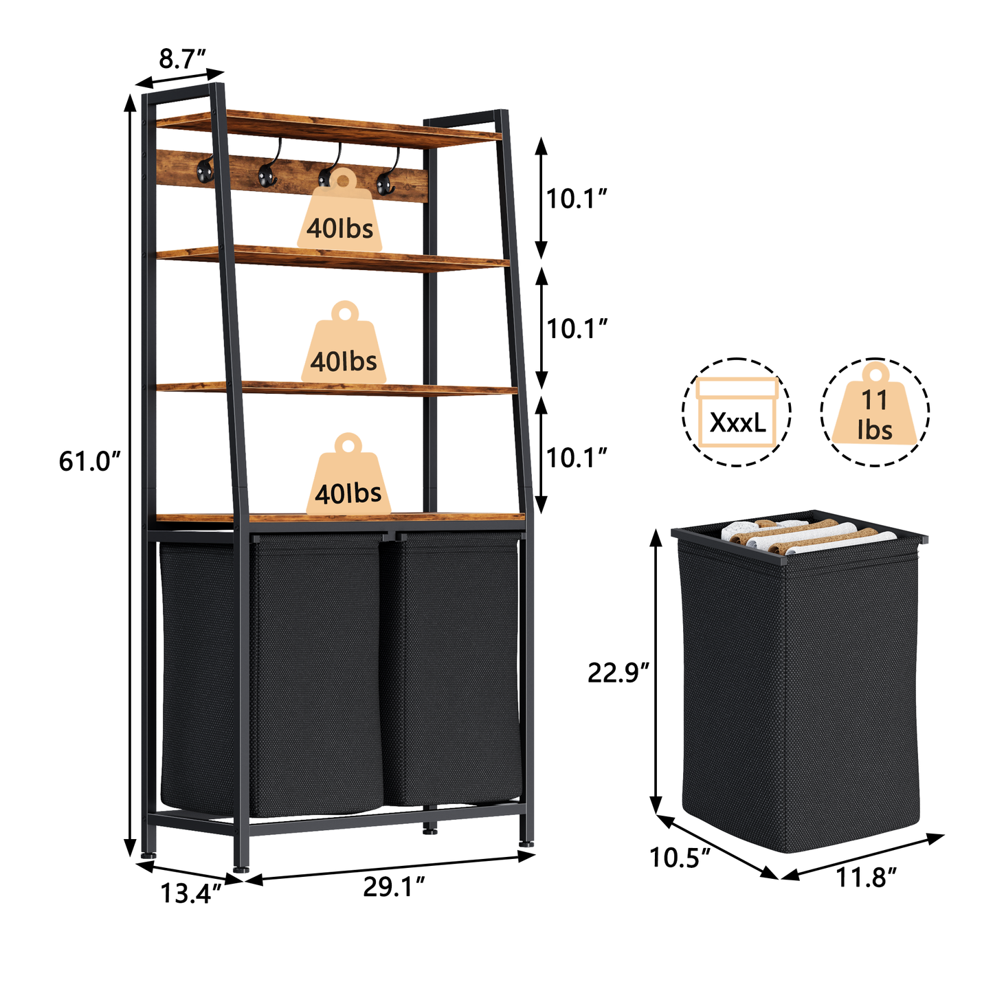 Satifur Laundry Basket Hamper Clothes Hamper with Oxford Fabric Pull-Out Bag 2-Tier Shelf