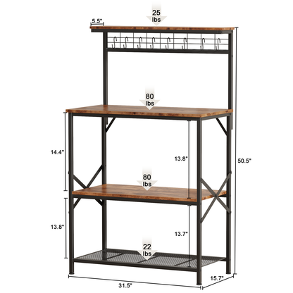 Tydimor Bakers Rack with 8 Hooks, Kitchen Microwave Stand, 4-Tier Coffee Bar Table, Space-Saving Kitchen Storage Shelf, Rustic Brown