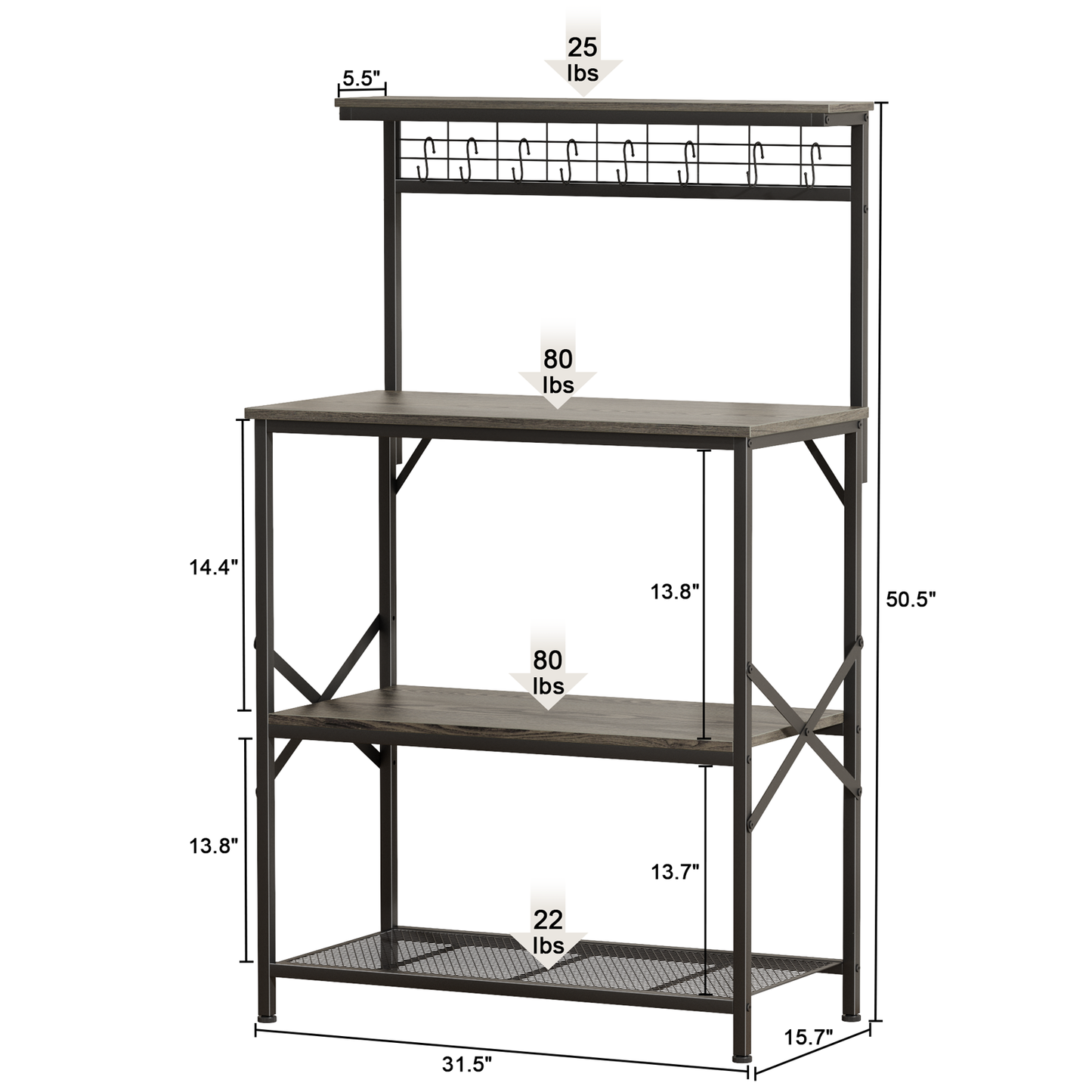 Tydimor Bakers Rack with 8 Hooks, Kitchen Microwave Stand, 4-Tier Coffee Bar Table, Space-Saving Kitchen Storage Shelf, Light Black Oak