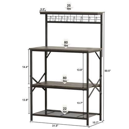 Tydimor Bakers Rack with 8 Hooks, Kitchen Microwave Stand, 4-Tier Coffee Bar Table, Space-Saving Kitchen Storage Shelf, Light Black Oak