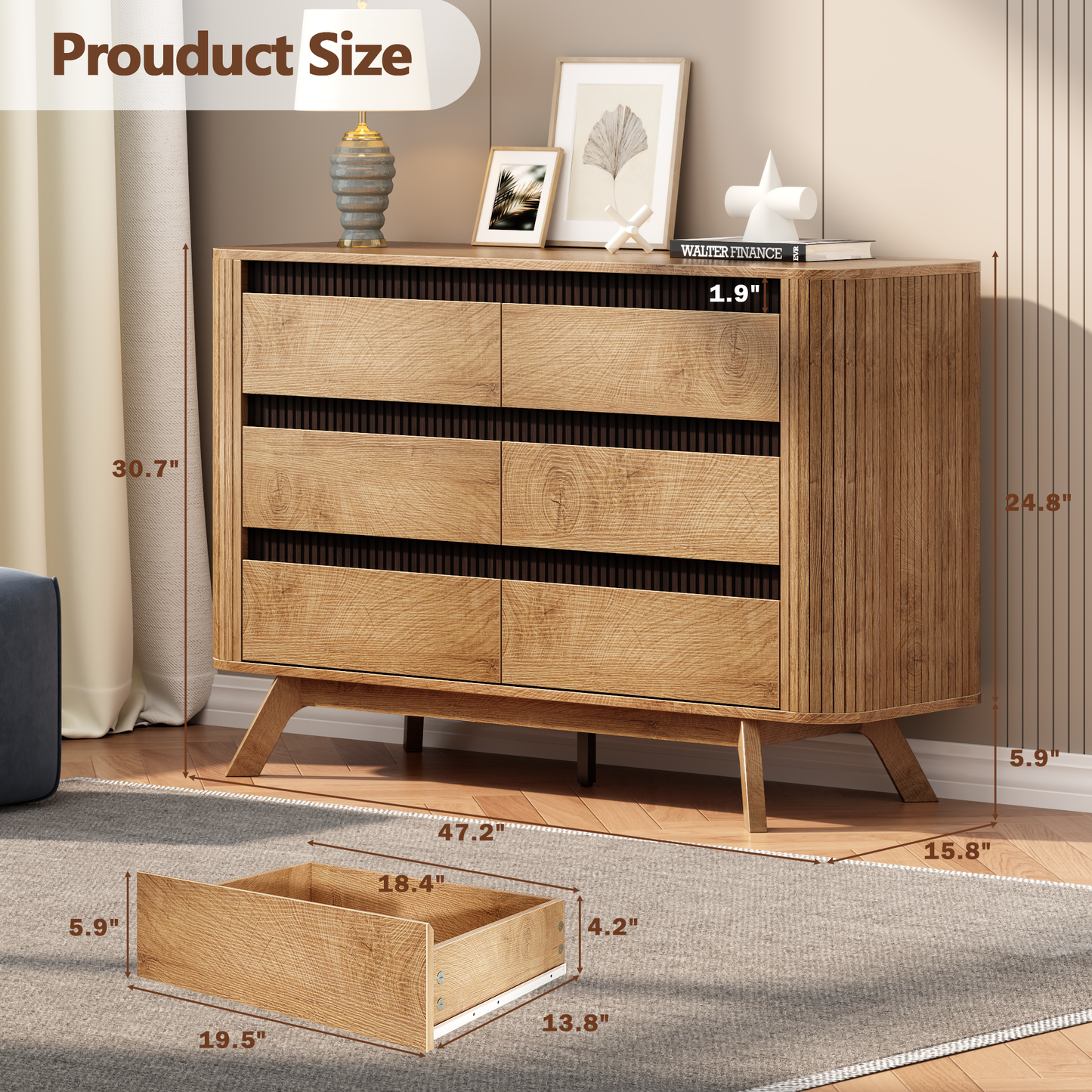 Satifur 6 Drawer Dresser, Wooden Wide Chest of Drawers for Bedroom, Living Room Storage Cabinet and TV Stand up to 45 Inch, Natural Oak