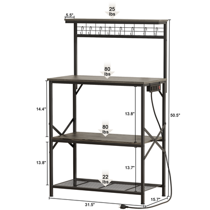 Tydimor Bakers Rack with Power Outlet, Kitchen Microwave Stand, 4-Tier Coffee Bar Table, Space-Saving Kitchen Storage Shelf, Light Black Oak
