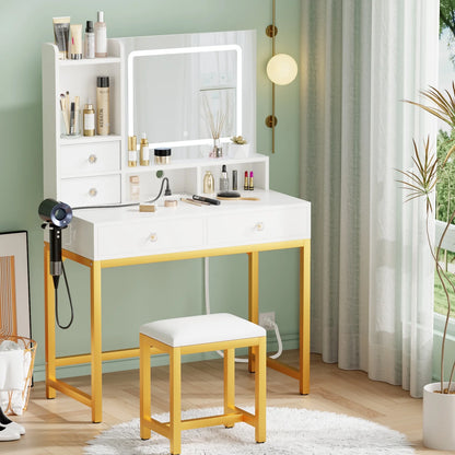 Tydimor Lighted Makeup Vanity Set, Women Dressing Table with Outlets, Vanity Desk with Drawers & Stool
