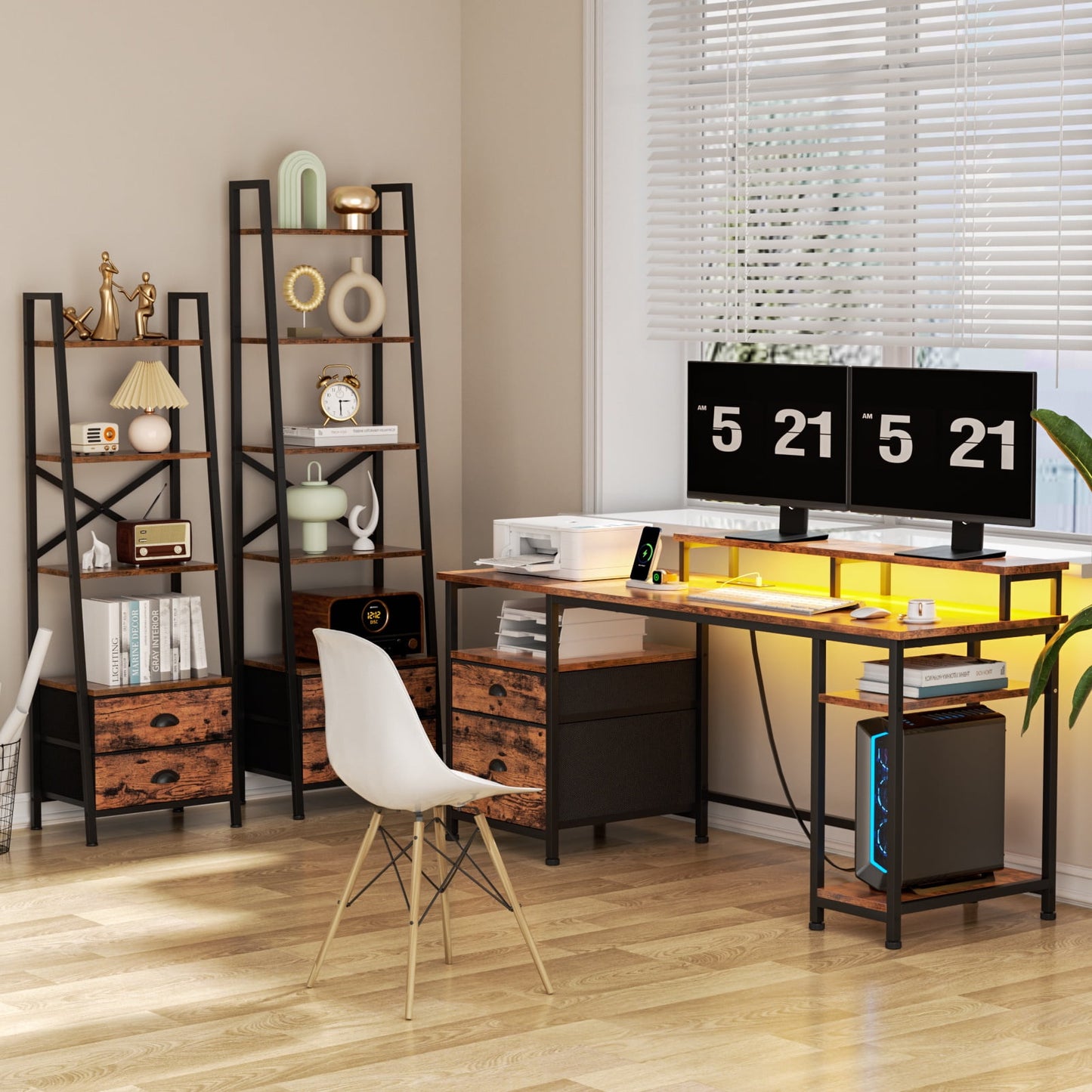 Satifur Desk with Power Outlet,Gaming Desk with LED Lights Fabric File Cabinet Gaming Desk with Outlets, Dual Monitor Stand, Adjustable Shelves, White