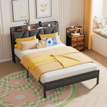 Tydimor Queen Size Metal Smart Bed Frames with Upholstered Headboard, LED Lights, USB Ports and Outlets, Storage Shelves & Underbed