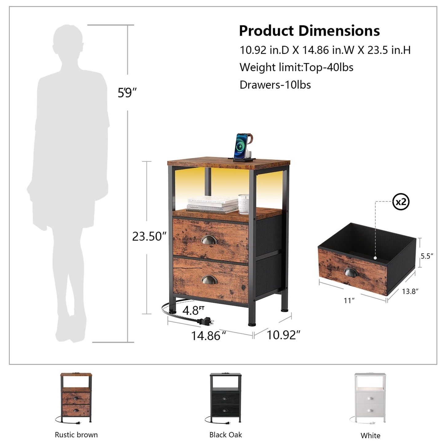 Satifur Bedside Table with Charging Station,LED Nightstand with 2 Fabric Drawers,Rustic Brown