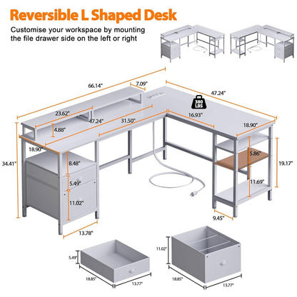 Furologee Computer Desk L-Shaped Desk with Power Outlet and Monitor Stand Corner Desk, White