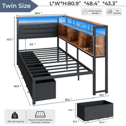 Tydimor L-Shaped Corner Bed Frame with 3 Storage Drawers, 3 Cubbies & Double-Layer Shelf, LED Lights & Power Outlet, L-Shaped Corner Twin Beds for Living Room, Guest and Bedroom, Rustic Brown
