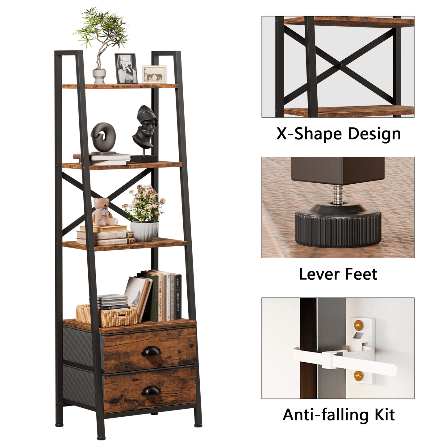 Tydimor 4-Tier 52"H Industrial Bookshelf with 2 Removable Drawers Narrow Bookcase for Living Room,Rustic Brown