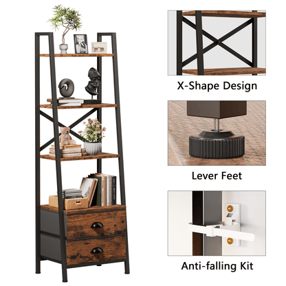 Tydimor 4-Tier 52"H Industrial Bookshelf with 2 Removable Drawers Narrow Bookcase for Living Room,Rustic Brown