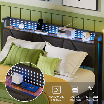 Hexmn Queen Size Metal Smart Bed Frame with Upholstered Headboard, LED Lights, USB Ports and Outlets, Storage Shelves & Underbed