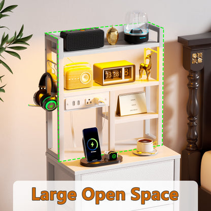 Satifur Tall Nightstand with Charging Station and LED Lights, Bedside Table with Drawers and Bookshelf, Whit