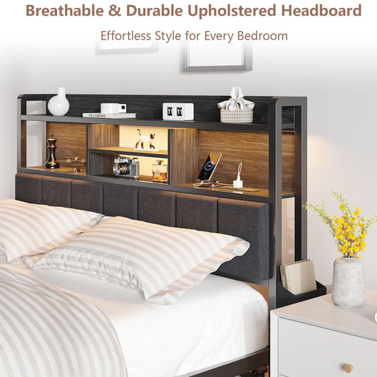 Satifur Queen Size Bed Frame with High LED Storage Headboard Shelf, Metal Bed Platform, Black
