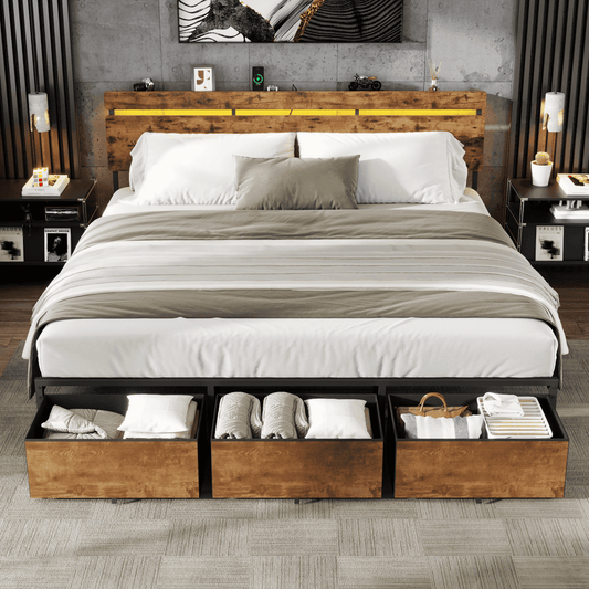 Satifur King Size Bed Frame with 3 Drawers & LED Lights & Charging Station, Beds with Headboard & 10.10" Under Bed Storage, No Box Spring Needed, Easy Assembly, Rustic Brown