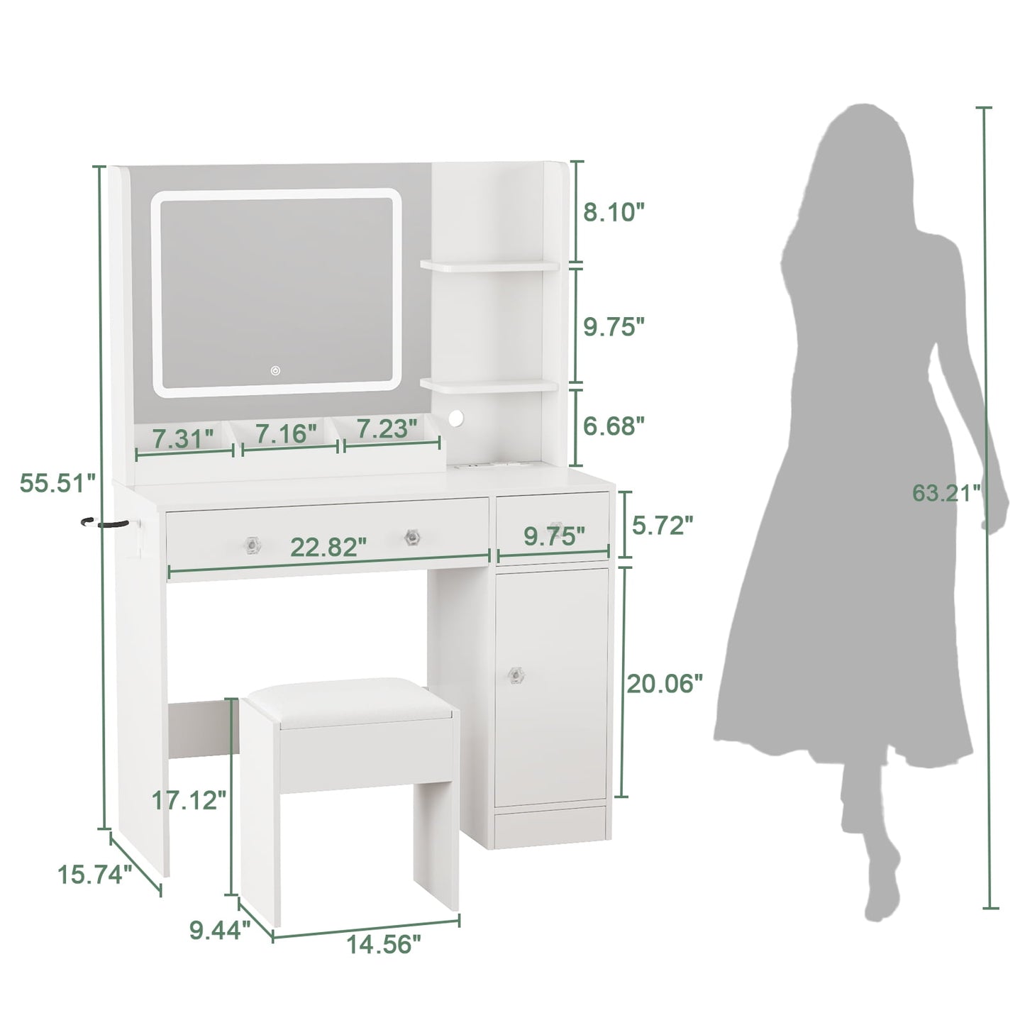Tydimor Vanity Set with Mirror & Lights, Women Makeup Table with Charging Station, Sturdy Dressing Desk with Drawers & Stool