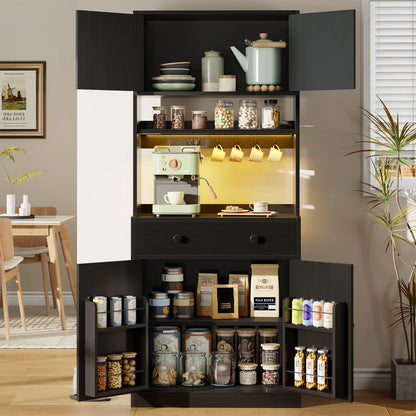 TYDIMOR Kitchen Pantry Storage Cabinet with Doors & Shelves, Wood Buffet Cabinet with Microwave Stand, Tall Hutch Cabinet for Dining Room, Black