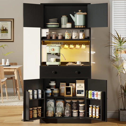 TYDIMOR Kitchen Pantry Storage Cabinet with Doors & Shelves, Wood Buffet Cabinet with Microwave Stand, Tall Hutch Cabinet for Dining Room, Black