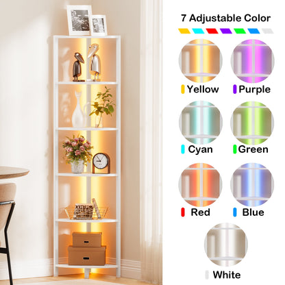 Satifur Corner Shelf Bookcase with LED Light Strip, 6-Tier Corner Bookshelf for Living Room,Bedroom,White