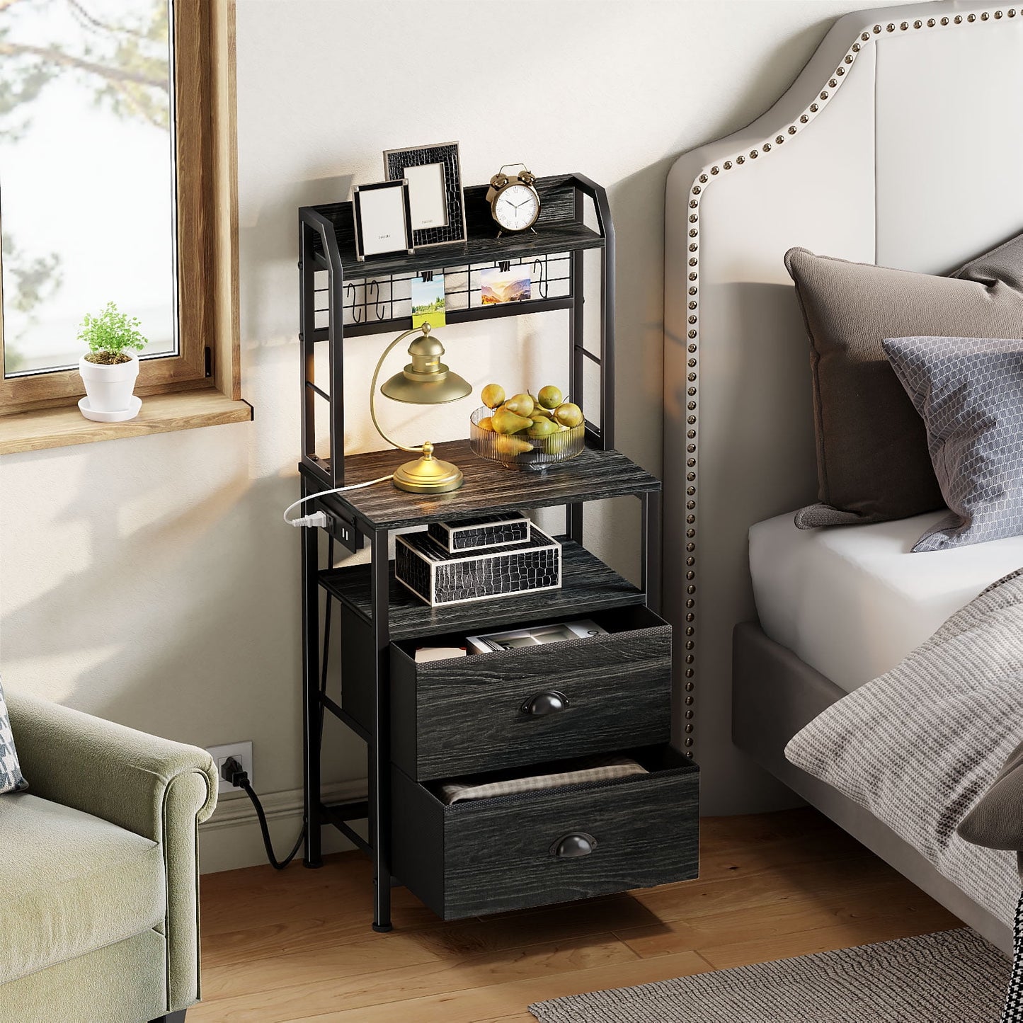 Satifur Tall Nightstand with Hutch, Charging Station, Pegboard & Drawers,Multifunctional Bedside Table with USB Ports, Black Oak
