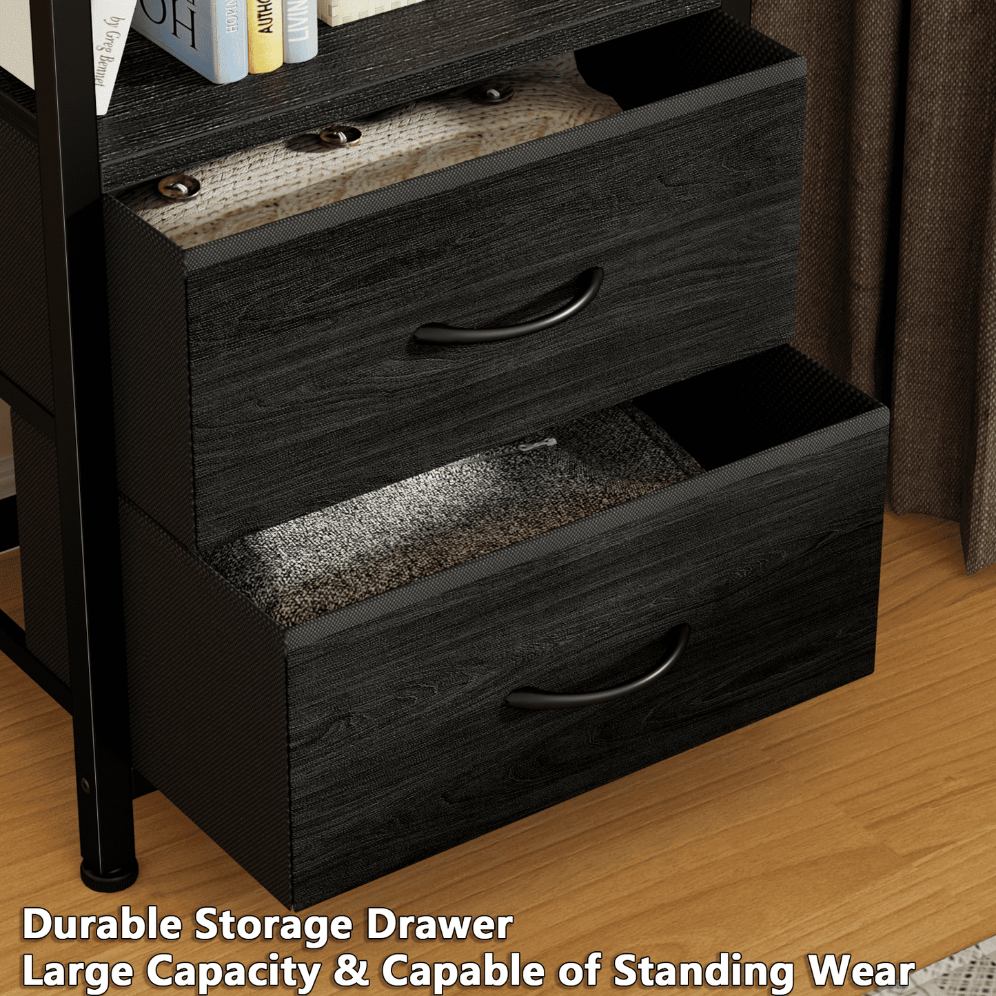 Satifur 5-Tier Bookshelf and Bookcase with 2 Removable Drawers, Narrow Display Shelf for Living Room, Black Oak