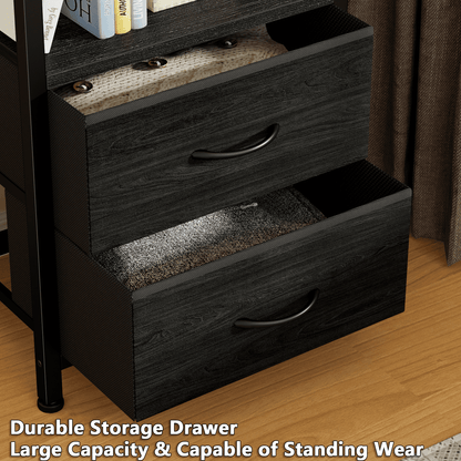Satifur 5-Tier Bookshelf and Bookcase with 2 Removable Drawers, Narrow Display Shelf for Living Room, Black Oak