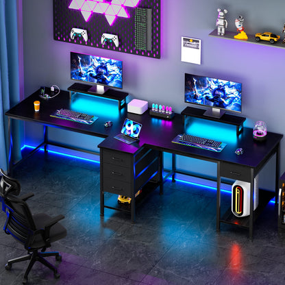 Hexmn LED Lights Computer Monitor Desks fabric drawers for 2 Monitors Dual, L Shape Smart Corner Gaming Tables with Charging Station