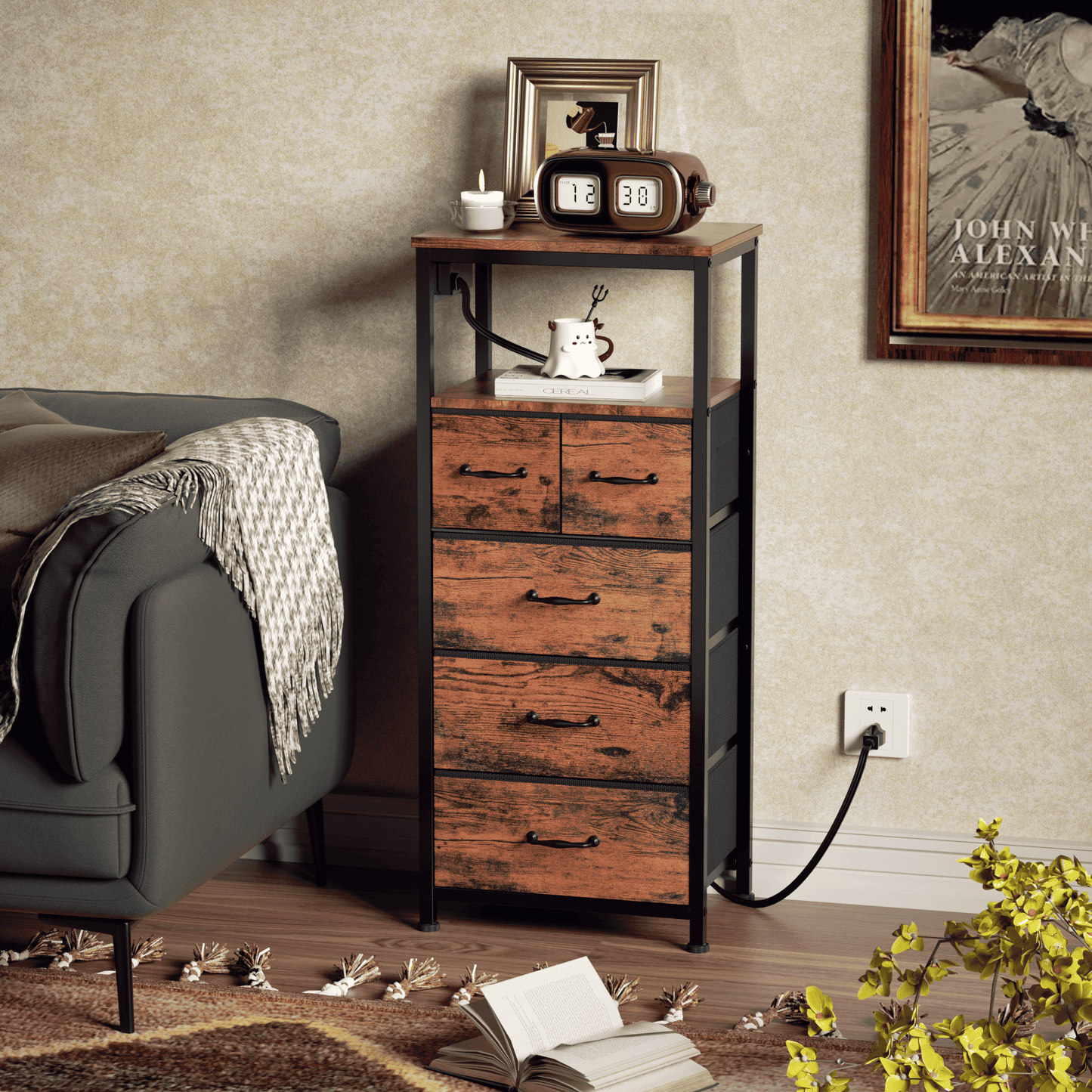 TYDIMOR Small Dresser for Bedroom, 5 Drawer with Charging Station, Brown, Ideal for Adults