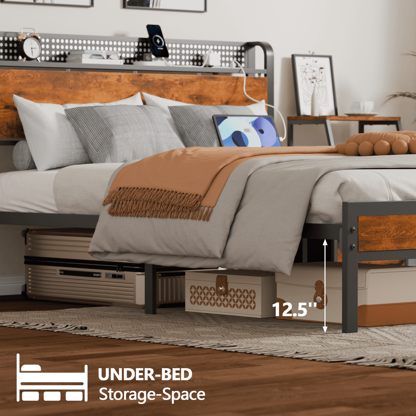 Satifur Queen Bed Frame with Headboard & Footboard, LED Storage Shelf, Rustic Vintage Wood, No Box Spring Needed