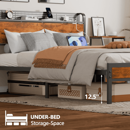 Satifur Queen Bed Frame with Headboard & Footboard, LED Storage Shelf, Rustic Vintage Wood, No Box Spring Needed