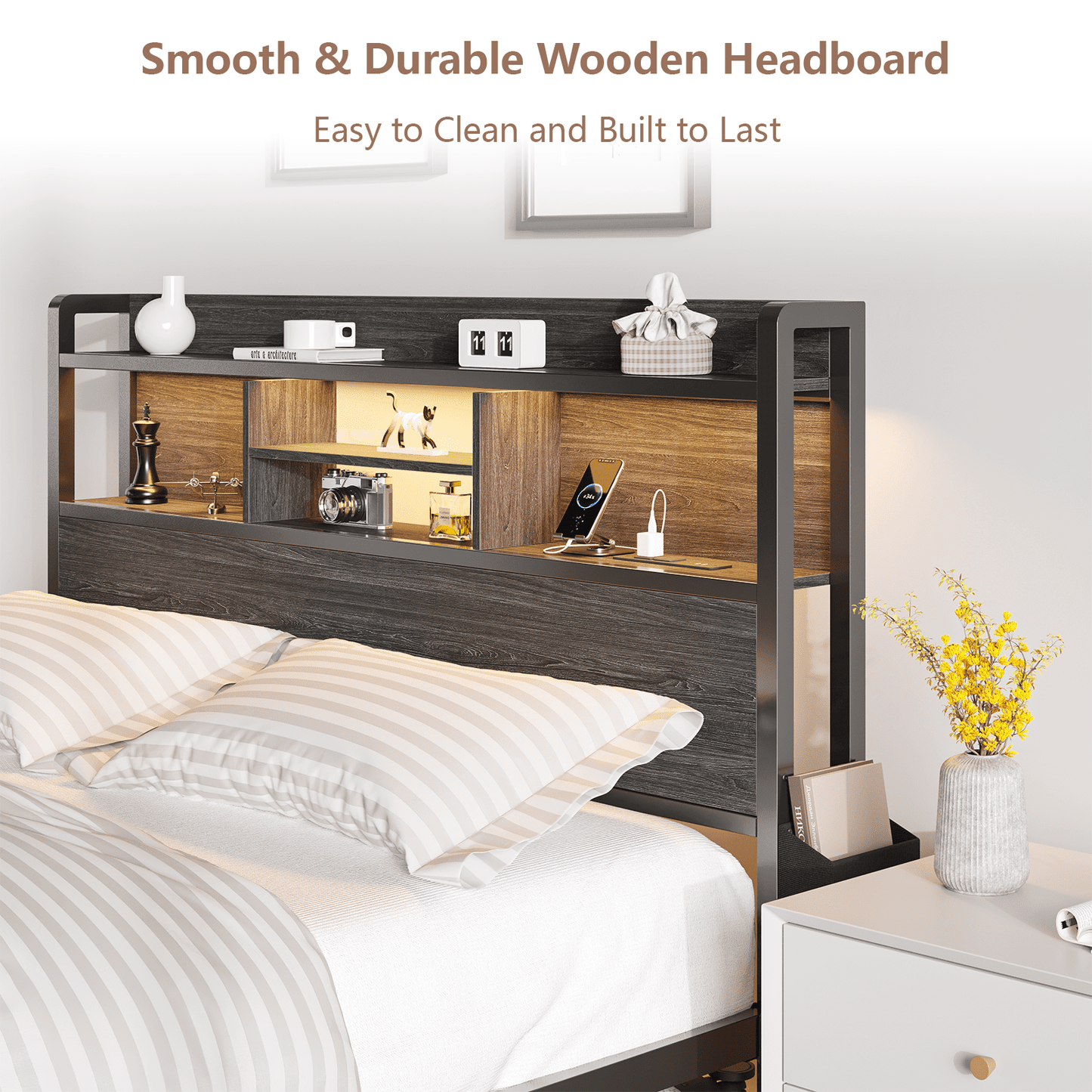 Tydimor Queen Size Bed Frames Bedroom Furniture Sets with Upholstered Storage Headboard & Outlets, LED Lights Standard Bed con Cajones, Niose Free