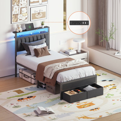 Hexmn Twin Bed Frame with Upholstered Storage Headboard & 2 Drawers, Platform Metal Bed with 2 USB Ports and Outlets, Under-bed Storage and Noise Free Design