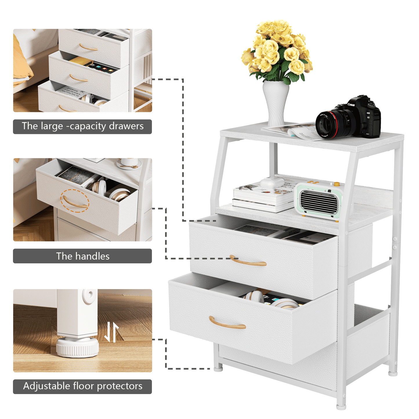 TYDIMOR Nightstand Bedside Table, 3 Drawer Dresser for Bedroom Furniture, White, Modern Style, Adults