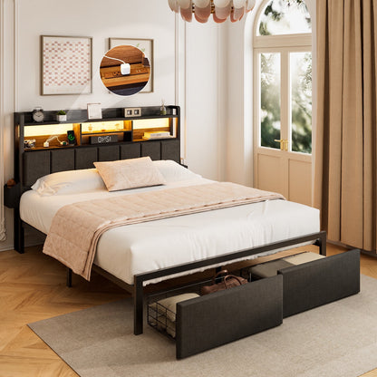 Hexmn Fabric Upholstered Smart Gaming Bed Frame Full Size with Storage Drawers, USB Ports and Outlets, No Box Spring Needed