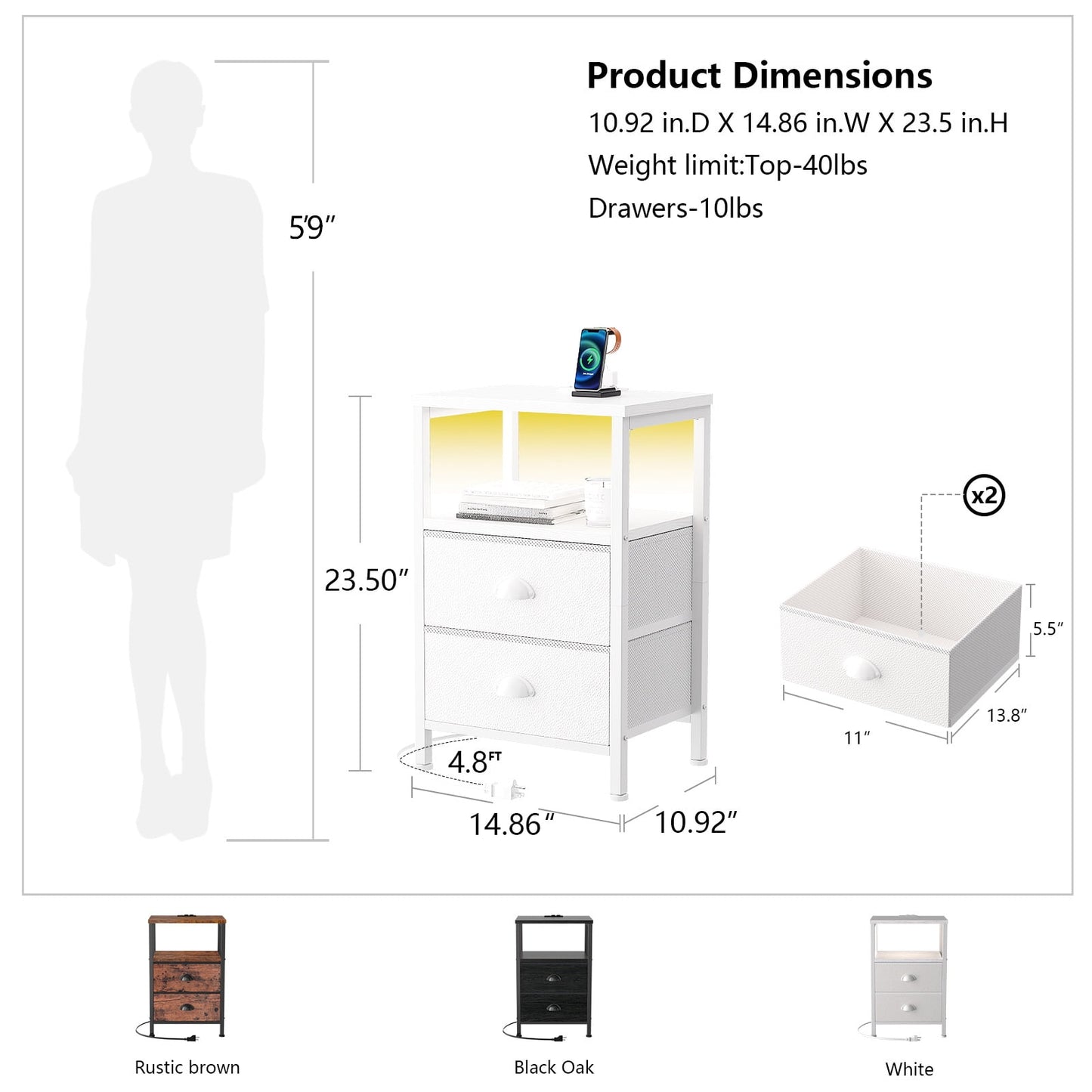 Satifur Bedside Table with Charging Station,LED Nightstand with 2 Fabric Drawers,White