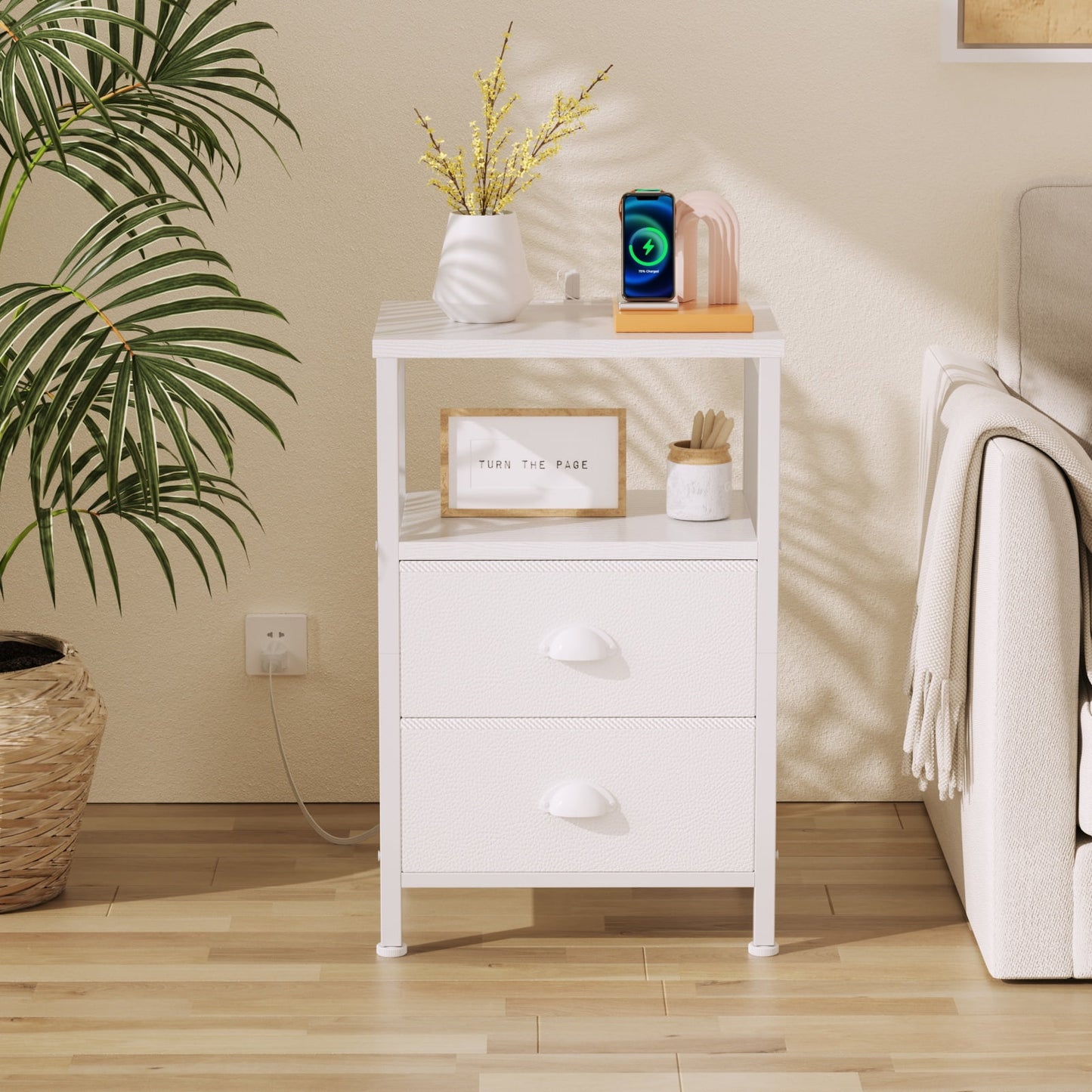 Satifur Bedside Table with Charging Station,LED Nightstand with 2 Fabric Drawers,White