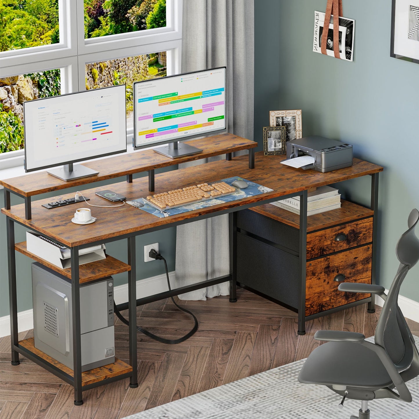 Furologee Computer Desk with Outlet & USB Ports, Gaming Desk with LED, Reversible Desk with File Cabinet & Drawer, Large Desk Writing Table with Monitor Stand for Home Office, Rustic Brown