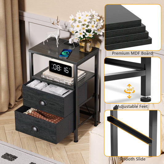 Satifur Bedside Table with Charging Station,Set of 2 LED Nightstand with 2 Fabric Drawers,Black Oak