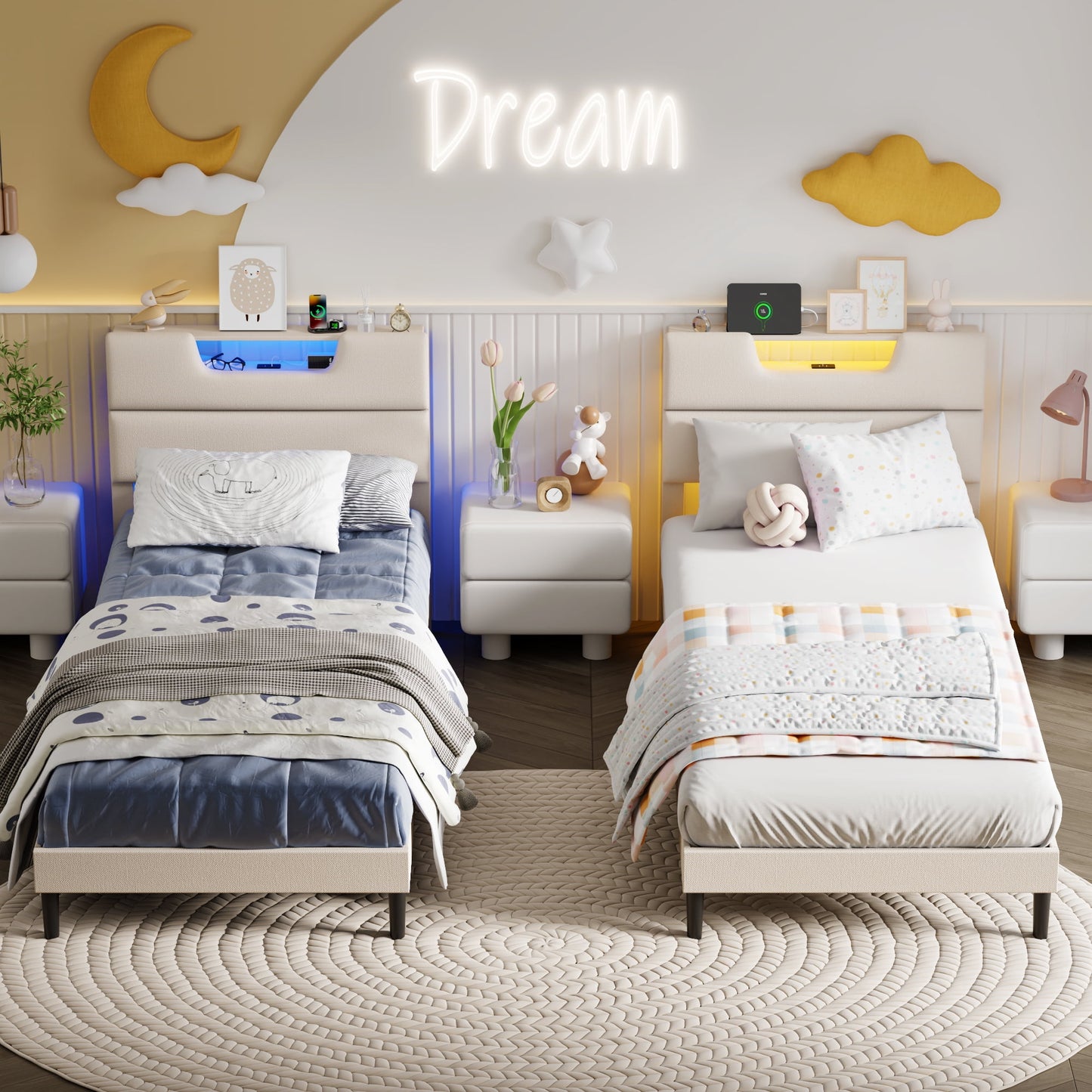 Satifur Beige Fine Linen Fabric Bed Frame with Upholstered Headboard & Charge Station, Twin Size Bed Frame with LED Lights, No Box Spring Needed