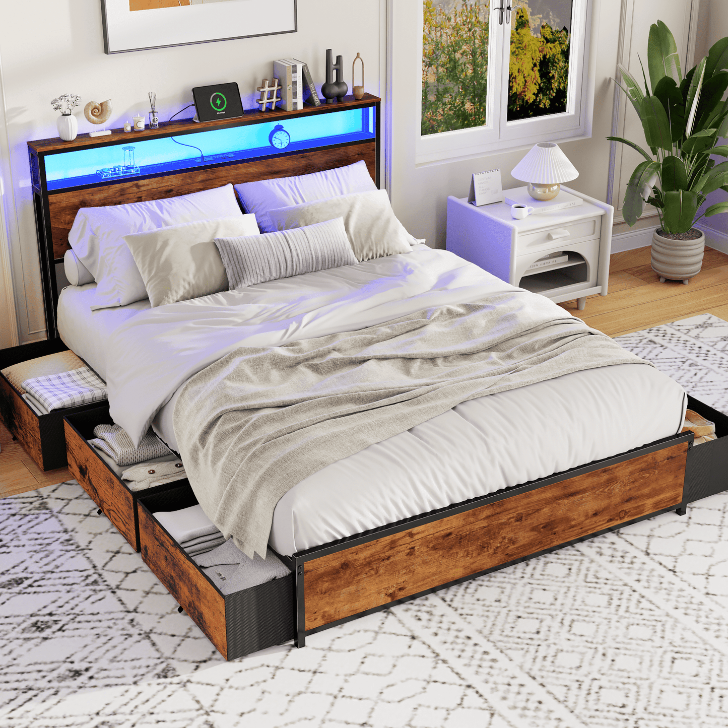 Tydimor Queen Bed Frame with 6 Storage Drawers, Metal Platform Bed Frame with 2-Tier Storage Headboard & LED, Built in Charging Station, Noise-Free, No Box Spring Needed, Rustic Brown