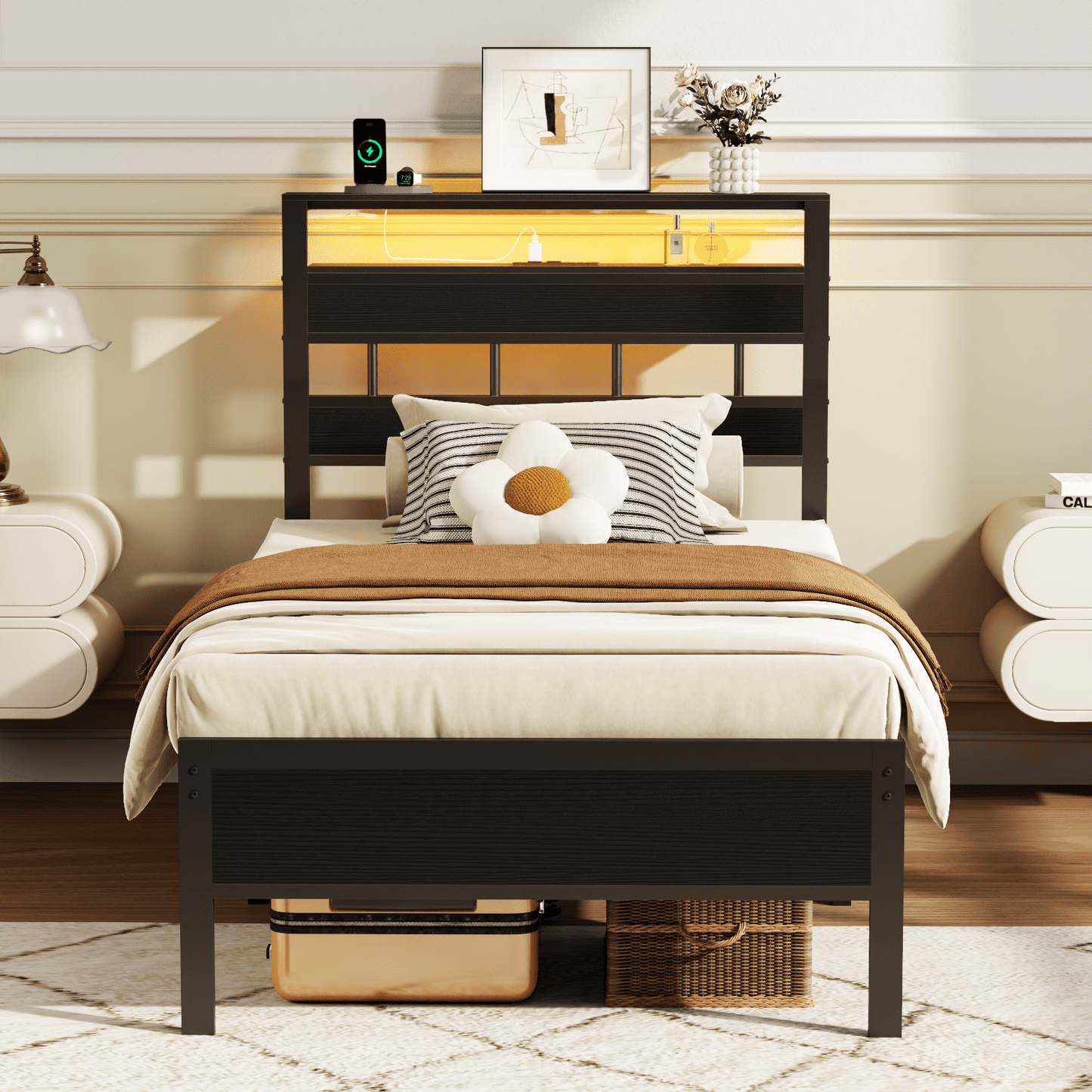 Tydimor Twin Bed Frames with USB Ports and Outlets, LED Gaming Bed Metal Frame Underbed with Headboard, Niose Free