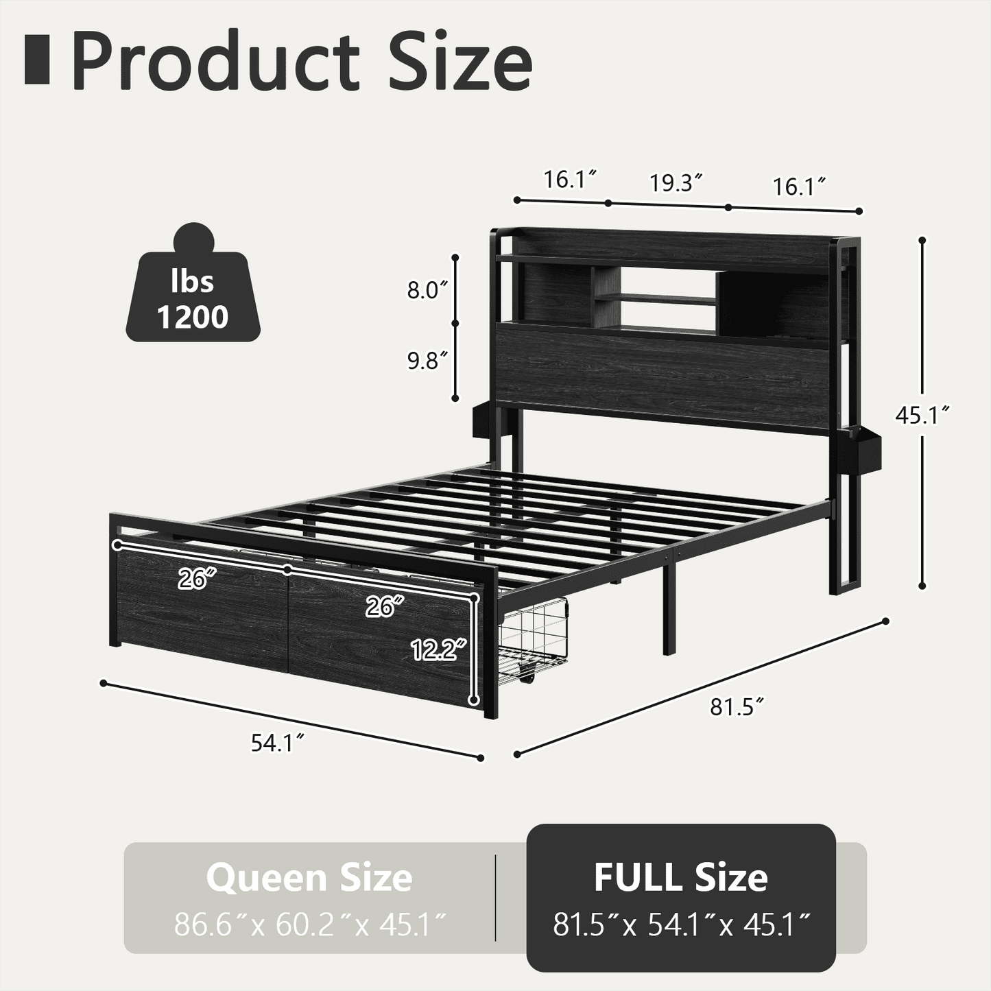 Tydimor Queen Size Bed Frames Bedroom Furniture Sets with Upholstered Storage Headboard & Outlets, LED Lights Standard Bed con Cajones, Niose Free
